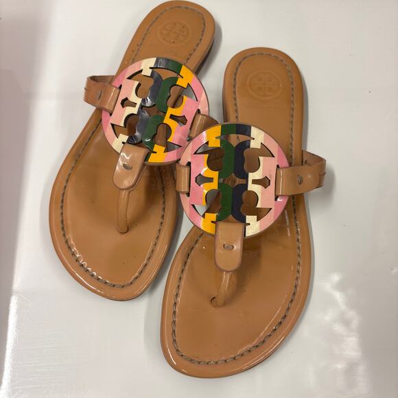 Tory Burch Sandals Pastel Rainbow Printed Patented Leather Miller Sandals Size 5 - Picture 2 of 6